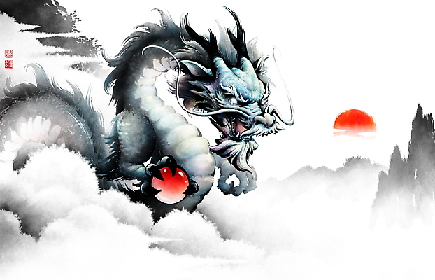 PSD 구름 일러스트 붓터치 새해 산 풍경 사람없음 태양 일출 잡기 구슬 동양화 번짐 여의주 청룡 갑진년 국내일러스트 자연요소 모션 미술 노을 용 파일형식 2024년 효과 사방신