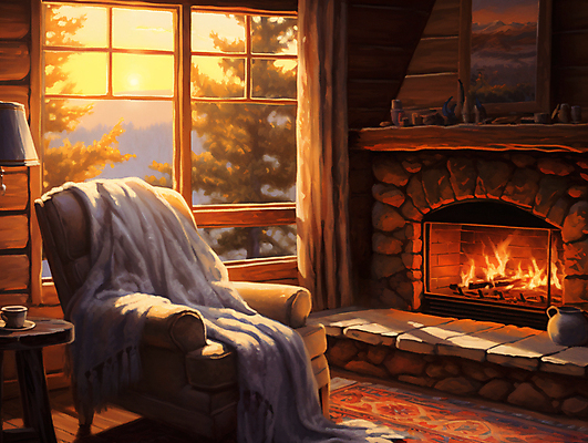 JPG 나무 일러스트 창문 불꽃 실내 따뜻함 사람없음 인테리어 소파 햇빛 일몰 커튼 편안함 담요 디지털합성 벽난로 창밖 유화 편집소스 국내일러스트 AI일러스트 AI콘텐츠 식물 디자인 의자 불 미술 내부 태양 노을 감각 파일형식