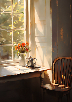 JPG 의자 일러스트 탁자 주전자 실내 따뜻함 사람없음 인테리어 햇빛 꽃병 편안함 창가 디지털합성 창밖 유화 편집소스 국내일러스트 AI일러스트 AI콘텐츠 디자인 꽃 가구 창문 주방용품 미술 내부 태양 감각 파일형식