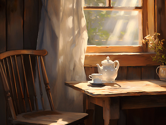 JPG 의자 일러스트 창문 탁자 실내 따뜻함 사람없음 인테리어 햇빛 꽃병 커튼 편안함 찻잔 찻주전자 디지털합성 유화 편집소스 국내일러스트 AI일러스트 AI콘텐츠 디자인 꽃 가구 주전자 잔 미술 내부 태양 감각 파일형식