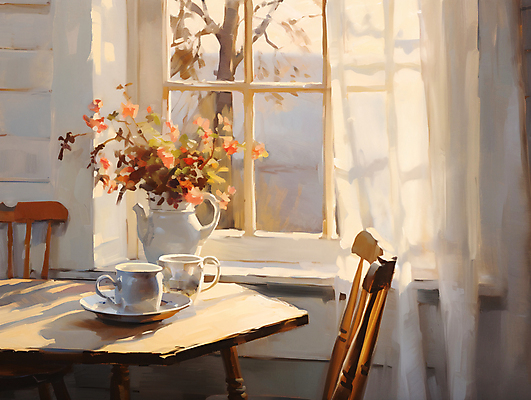 JPG 의자 일러스트 창문 탁자 실내 따뜻함 사람없음 인테리어 햇빛 꽃병 커튼 편안함 커피잔 디지털합성 유화 편집소스 국내일러스트 AI일러스트 AI콘텐츠 디자인 꽃 커피 가구 잔 미술 내부 태양 감각 파일형식