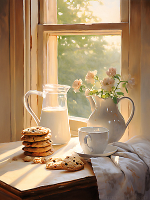 JPG 일러스트 창문 탁자 실내 따뜻함 사람없음 인테리어 햇빛 쿠키 꽃병 우유병 편안함 커피잔 천 창가 디지털합성 유화 편집소스 국내일러스트 AI일러스트 AI콘텐츠 디자인 꽃 커피 가구 병_용기 디저트 잔 미술 내부 태양 우유 직물 감각 파일형식