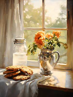 JPG 일러스트 창문 탁자 유리병 실내 따뜻함 사람없음 인테리어 햇빛 쿠키 꽃병 커튼 편안함 천 물병 창가 디지털합성 유화 편집소스 국내일러스트 AI일러스트 AI콘텐츠 디자인 꽃 가구 병_용기 디저트 미술 내부 태양 직물 감각 물통 파일형식