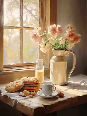 JPG 일러스트 창문 탁자 실내 따뜻함 사람없음 인테리어 햇빛 쿠키 꽃병 병 편안함 커피잔 천 디지털합성 유화 편집소스 국내일러스트 AI일러스트 AI콘텐츠 식기 디자인 꽃 커피 가구 디저트 잔 미술 내부 태양 직물 감각 파일형식