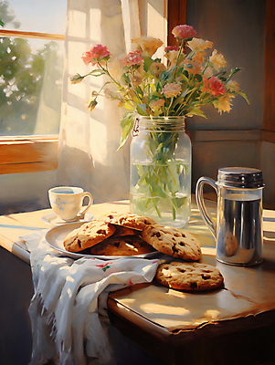 JPG 커피 일러스트 창문 탁자 실내 따뜻함 사람없음 컵 인테리어 햇빛 쿠키 꽃병 커튼 편안함 커피잔 천 디지털합성 유화 편집소스 국내일러스트 AI일러스트 AI콘텐츠 식기 디자인 꽃 음료 가구 디저트 잔 미술 내부 태양 직물 감각 파일형식