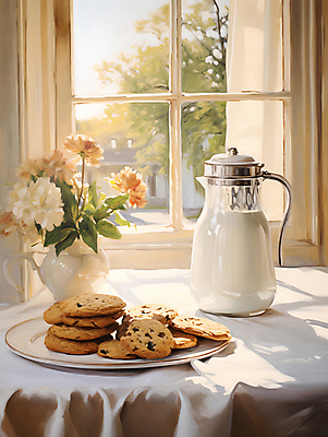 JPG 나무 일러스트 탁자 실내 따뜻함 사람없음 컵 인테리어 햇빛 쿠키 꽃병 우유 식탁보 편안함 창가 디지털합성 창밖 유화 편집소스 국내일러스트 AI일러스트 AI콘텐츠 식물 식기 디자인 꽃 가구 창문 디저트 유제품 미술 내부 태양 감각 파일형식