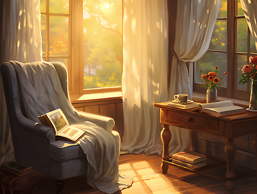 JPG 일러스트 창문 탁자 실내 따뜻함 사람없음 책 인테리어 소파 햇빛 꽃병 커튼 편안함 천 디지털합성 오후 유화 편집소스 국내일러스트 AI일러스트 AI콘텐츠 디자인 꽃 가구 의자 미술 내부 태양 직물 감각 파일형식