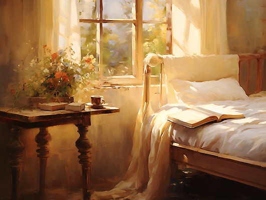 JPG 꽃 화분 일러스트 창문 침구 탁자 실내 따뜻함 사람없음 책 인테리어 햇빛 침실 침대 커튼 편안함 커피잔 천 디지털합성 유화 편집소스 국내일러스트 AI일러스트 AI콘텐츠 식물 디자인 커피 가구 잔 미술 내부 태양 직물 감각 파일형식