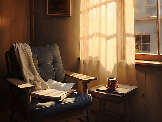 JPG 의자 일러스트 창문 탁자 실내 따뜻함 사람없음 책 인테리어 햇빛 머그컵 커튼 편안함 천 디지털합성 유화 편집소스 국내일러스트 AI일러스트 AI콘텐츠 디자인 가구 미술 내부 컵 태양 직물 감각 파일형식