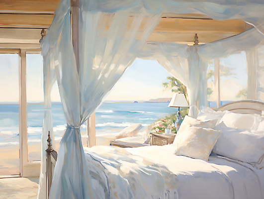 JPG 꽃 쿠션 일러스트 침구 풍경 해변 사람없음 인테리어 햇빛 침실 침대 풀 시원함 디지털합성 협탁 유화 편집소스 수면등 국내일러스트 AI일러스트 AI콘텐츠 식물 디자인 바다 가구 조명 미술 태양 파일형식