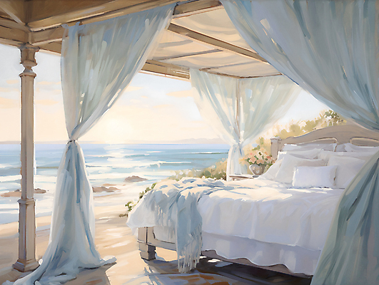 JPG 쿠션 일러스트 침구 풍경 해변 사람없음 인테리어 햇빛 꽃병 일몰 바위 침대 커튼 시원함 디지털합성 유화 편집소스 국내일러스트 AI일러스트 AI콘텐츠 디자인 꽃 바다 가구 미술 태양 노을 돌_바위 파일형식