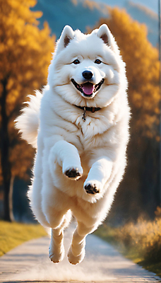 JPG 편집이미지 한마리 거리 사람없음 달리기 점프 산책 강아지 디지털합성 즐거움 사모예드 편집실사 AI포토 AI콘텐츠 1 감정 모션 휴식 반려동물 개 CG 파일형식
