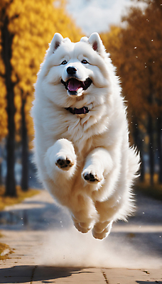 JPG 편집이미지 한마리 거리 사람없음 달리기 점프 산책 강아지 디지털합성 즐거움 사모예드 편집실사 AI포토 AI콘텐츠 1 감정 모션 휴식 반려동물 개 CG 파일형식