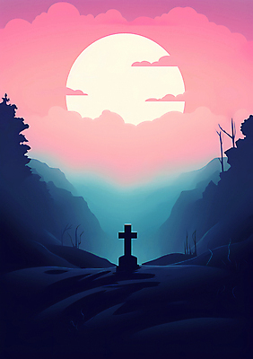JPG 나무 구름 실루엣 포스터 십자가 일러스트 하늘 사람없음 할로윈 달 무덤 남색 비석 언덕 국내일러스트 AI일러스트 AI콘텐츠 자연요소 식물 컬러 촬영기법 파일형식