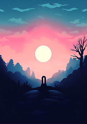 JPG 나무 구름 실루엣 포스터 일러스트 하늘 사람없음 할로윈 달 무덤 비석 언덕 국내일러스트 AI일러스트 AI콘텐츠 자연요소 식물 촬영기법 파일형식