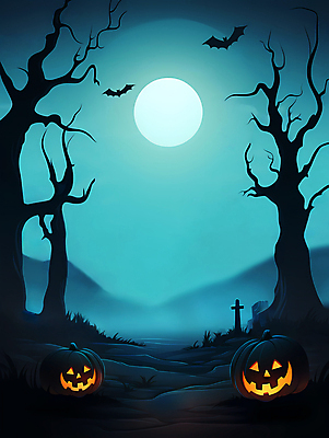 JPG 나무 실루엣 포스터 십자가 일러스트 하늘 호박 사람없음 할로윈 달 무덤 청록색 박쥐 잭오랜턴 카피스페이스 국내일러스트 AI일러스트 AI콘텐츠 자연요소 식물 컬러 채소 포유류 촬영기법 공백 파일형식