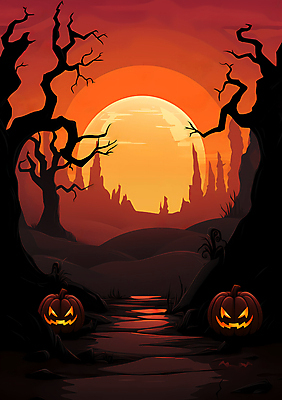 JPG 나무 실루엣 포스터 길 일러스트 하늘 호박 사람없음 태양 주황색 할로윈 잭오랜턴 국내일러스트 AI일러스트 AI콘텐츠 자연요소 식물 컬러 채소 촬영기법 파일형식