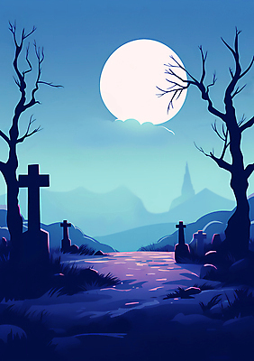JPG 나무 실루엣 포스터 십자가 일러스트 하늘 사람없음 파란색 할로윈 달 돌_바위 무덤 비석 국내일러스트 AI일러스트 AI콘텐츠 자연요소 식물 컬러 촬영기법 파일형식