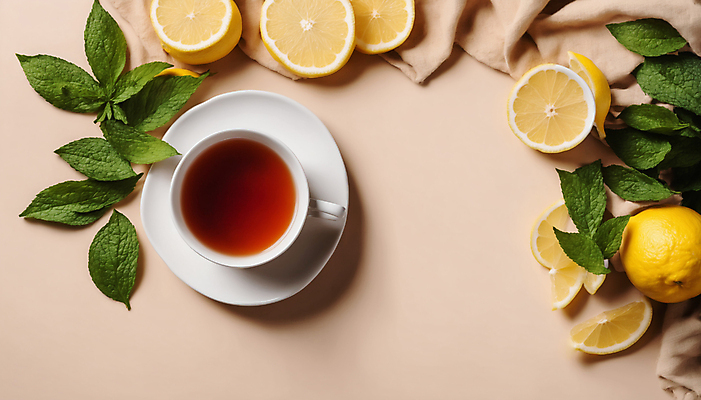 JPG 편집이미지 사람없음 하이앵글 차 찻잔 레몬 허브 허브차 편집실사 AI포토 AI콘텐츠 식물 음료 뷰포인트 과일 잔 차_음료 CG 파일형식