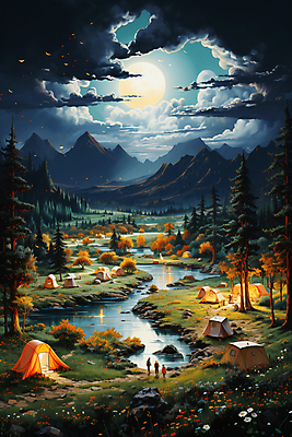 JPG 전신 나무 구름 편집이미지 꽃 밤하늘 산 텐트 사람 풍경 세명 강 캠핑 달 바위 캠핑장 디지털합성 편집실사 자연요소 식물 하늘 레저 캠핑도구 돌_바위 야간 CG 파일형식