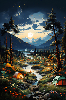 JPG 나무 구름 편집이미지 꽃 밤하늘 산 텐트 풍경 사람없음 강 캠핑 달 바위 캠핑장 디지털합성 편집실사 자연요소 식물 하늘 레저 캠핑도구 돌_바위 야간 CG 파일형식