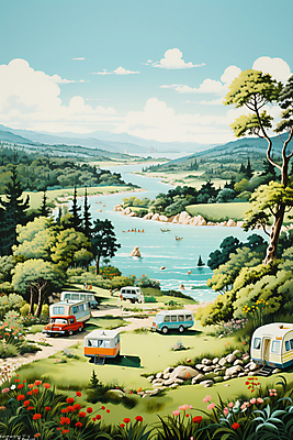 JPG 나무 구름 편집이미지 꽃 호수 하늘 산 풍경 사람없음 캠핑 바위 캠핑장 디지털합성 캠핑카 편집실사 자연요소 식물 자동차 레저 돌_바위 CG 파일형식