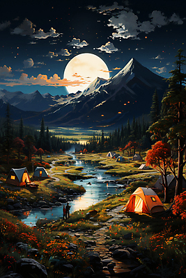 JPG 전신 나무 구름 편집이미지 여자 남자 꽃 호수 밤하늘 산 텐트 풍경 성인 두명 걷기 캠핑 달 바위 캠핑장 달빛 디지털합성 성인만 편집실사 자연요소 식물 모션 하늘 레저 캠핑도구 사람 돌_바위 야간 CG 파일형식