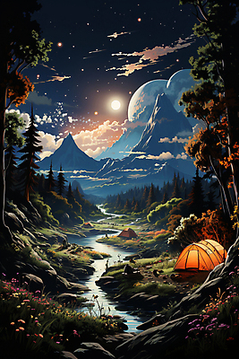JPG 나무 구름 편집이미지 꽃 밤하늘 산 텐트 풍경 사람없음 강 캠핑 달 바위 캠핑장 달빛 디지털합성 편집실사 자연요소 식물 하늘 레저 캠핑도구 돌_바위 야간 CG 파일형식