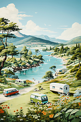 JPG 구름 편집이미지 꽃 호수 하늘 산 풍경 사람없음 캠핑 바위 캠핑장 디지털합성 캠핑카 편집실사 자연요소 식물 자동차 레저 돌_바위 CG 파일형식