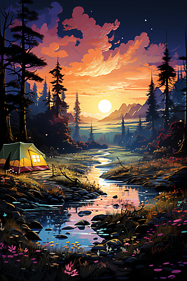 JPG 나무 구름 편집이미지 꽃 하늘 산 텐트 풍경 사람없음 강 태양 일몰 캠핑 돌_바위 캠핑장 디지털합성 편집실사 자연요소 식물 레저 캠핑도구 노을 CG 파일형식