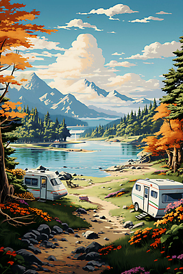 JPG 나무 구름 편집이미지 꽃 호수 하늘 산 풍경 사람없음 캠핑 바위 캠핑장 디지털합성 캠핑카 편집실사 자연요소 식물 자동차 레저 돌_바위 CG 파일형식