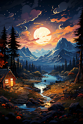 JPG 나무 구름 편집이미지 꽃 밤하늘 산 주택 풍경 사람없음 강 캠핑 달 바위 캠핑장 달빛 디지털합성 편집실사 자연요소 식물 하늘 레저 건물 돌_바위 야간 CG 파일형식