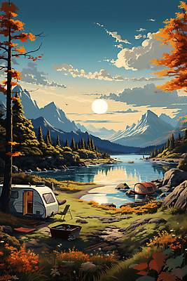 JPG 나무 구름 편집이미지 꽃 호수 의자 하늘 산 텐트 풍경 사람없음 상자 태양 캠핑 바위 캠핑장 디지털합성 캠핑카 편집실사 자연요소 식물 가구 자동차 레저 캠핑도구 돌_바위 CG 파일형식