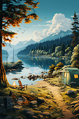 JPG 나무 구름 편집이미지 호수 의자 하늘 산 텐트 풍경 사람없음 캠핑 바위 모닥불 캠핑장 디지털합성 편집실사 자연요소 식물 가구 불 레저 캠핑도구 돌_바위 CG 파일형식