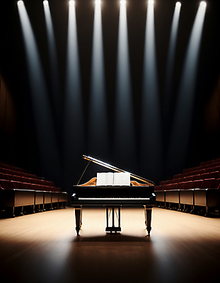 JPG 편집이미지 의자 조명 사람없음 무대 피아노 콘서트홀 악보 디지털합성 그랜드피아노 스포트라이트 편집실사 AI포토 AI콘텐츠 음악 가구 건반악기 공연장 CG 파일형식