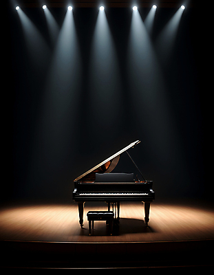 JPG 편집이미지 조명 사람없음 무대 피아노 콘서트홀 디지털합성 그랜드피아노 스포트라이트 편집실사 AI포토 AI콘텐츠 건반악기 공연장 CG 파일형식