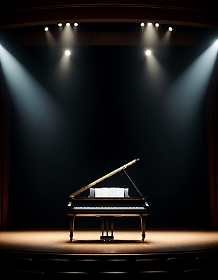 JPG 편집이미지 조명 사람없음 무대 피아노 콘서트홀 악보 디지털합성 그랜드피아노 스포트라이트 편집실사 AI포토 AI콘텐츠 음악 건반악기 공연장 CG 파일형식