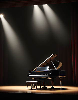 JPG 편집이미지 조명 사람없음 무대 피아노 콘서트홀 디지털합성 그랜드피아노 스포트라이트 편집실사 AI포토 AI콘텐츠 건반악기 공연장 CG 파일형식