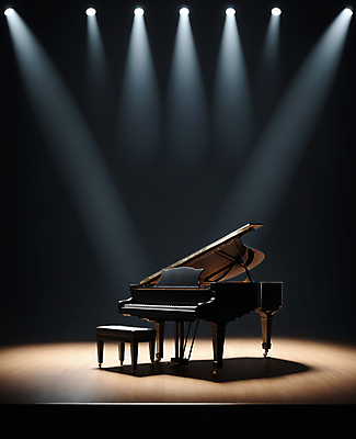 JPG 편집이미지 조명 사람없음 무대 피아노 콘서트홀 디지털합성 그랜드피아노 스포트라이트 편집실사 AI포토 AI콘텐츠 건반악기 공연장 CG 파일형식