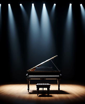 JPG 편집이미지 조명 사람없음 무대 피아노 콘서트홀 디지털합성 그랜드피아노 스포트라이트 편집실사 AI포토 AI콘텐츠 건반악기 공연장 CG 파일형식