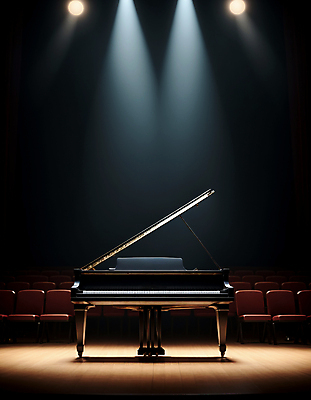 JPG 편집이미지 의자 조명 사람없음 무대 피아노 콘서트홀 디지털합성 그랜드피아노 스포트라이트 편집실사 AI포토 AI콘텐츠 가구 건반악기 공연장 CG 파일형식