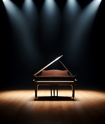 JPG 편집이미지 조명 사람없음 무대 피아노 콘서트홀 디지털합성 그랜드피아노 스포트라이트 편집실사 AI포토 AI콘텐츠 건반악기 공연장 CG 파일형식
