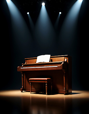 JPG 편집이미지 조명 사람없음 무대 피아노 콘서트홀 악보 디지털합성 스포트라이트 편집실사 AI포토 AI콘텐츠 음악 건반악기 공연장 CG 파일형식