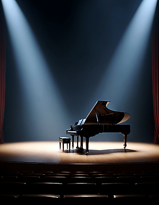 JPG 편집이미지 조명 사람없음 무대 피아노 콘서트홀 디지털합성 그랜드피아노 스포트라이트 편집실사 AI포토 AI콘텐츠 건반악기 공연장 CG 파일형식