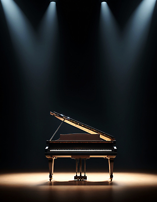 JPG 편집이미지 조명 사람없음 무대 피아노 콘서트홀 디지털합성 그랜드피아노 스포트라이트 편집실사 AI포토 AI콘텐츠 건반악기 공연장 CG 파일형식