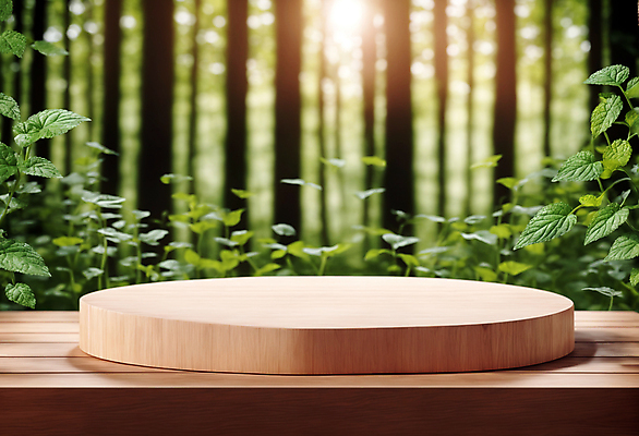 JPG 나무 편집이미지 잎 자연 사람없음 목재 햇빛 원형 숲 받침대 나무판자 단상 포디움 편집실사 AI컴퓨터그래픽 AI콘텐츠 도형 식물 재료 태양 무대 CG 생태계 파일형식