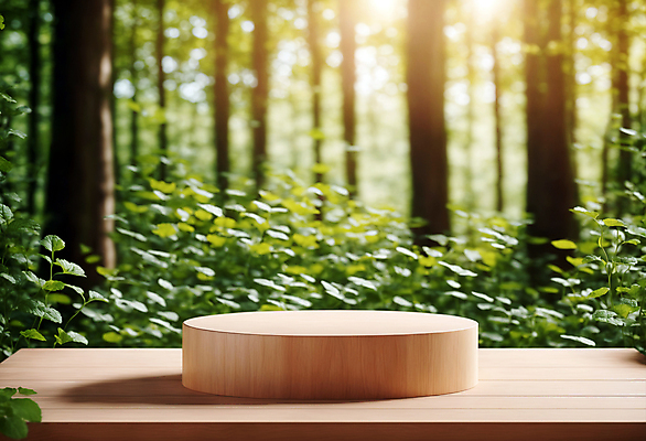 JPG 나무 편집이미지 잎 자연 사람없음 목재 햇빛 원형 풀 숲 받침대 나무판자 단상 포디움 편집실사 AI컴퓨터그래픽 AI콘텐츠 도형 식물 재료 태양 무대 CG 생태계 파일형식