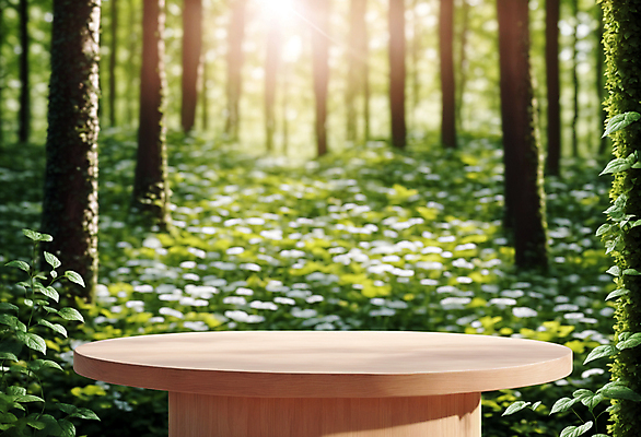 JPG 나무 편집이미지 자연 사람없음 목재 햇빛 원형 풀 숲 받침대 나무판자 단상 포디움 편집실사 AI컴퓨터그래픽 AI콘텐츠 도형 식물 재료 태양 무대 CG 생태계 파일형식