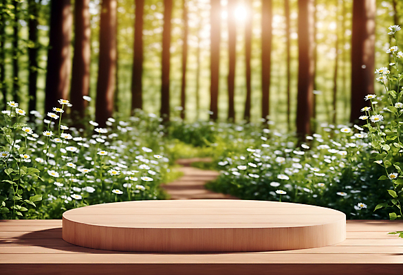 JPG 나무 편집이미지 꽃 자연 사람없음 목재 햇빛 원형 풀 숲 받침대 나무판자 단상 포디움 편집실사 AI컴퓨터그래픽 AI콘텐츠 도형 식물 재료 태양 무대 CG 생태계 파일형식