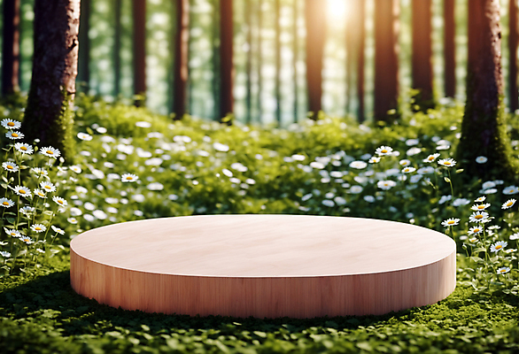 JPG 나무 편집이미지 자연 사람없음 목재 햇빛 원형 풀 숲 받침대 나무판자 단상 포디움 편집실사 AI컴퓨터그래픽 AI콘텐츠 도형 식물 재료 태양 무대 CG 생태계 파일형식